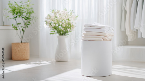 Freshly folded towels are neatly stacked on modern white storage container in bright, airy room filled with natural light. beautiful plant and flowers add touch of nature to serene atmosphere