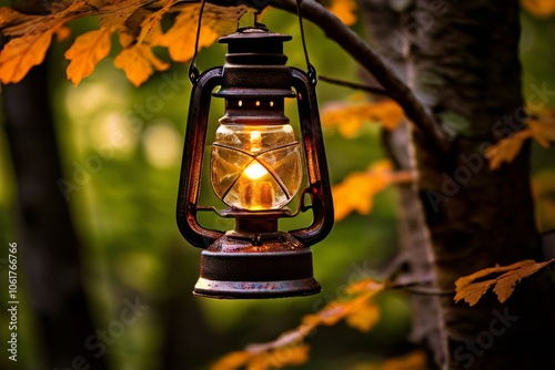 lantern in the woods an old fashioned kerosene lantern hanging f photo