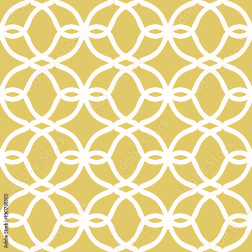 Vector golden geometric lattice seamless pattern. Abstract background with curved lines, elegant grid, mesh, net. Gold and white texture. Stylish ornament in oriental style. Luxury repeated geo design