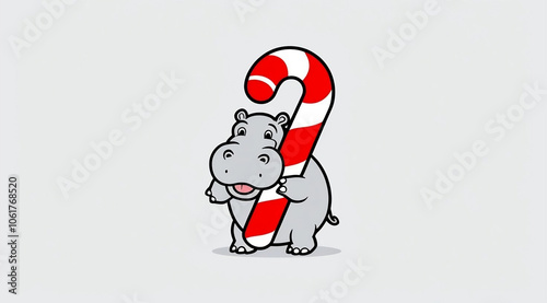 A playful cartoon hippo holds a striped candy cane, blending whimsical charm with festive themes in a light-hearted design.