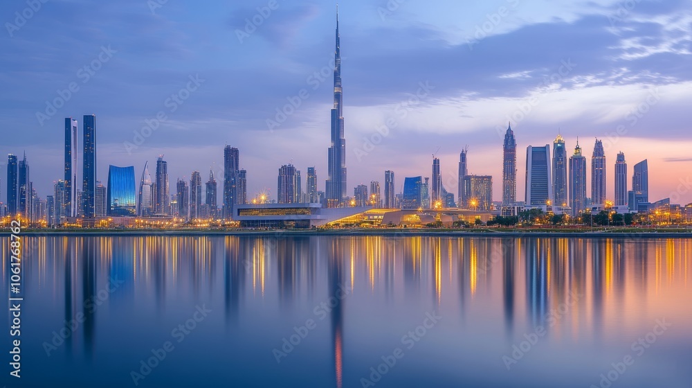 Fototapeta premium Iconic skyline featuring modern architecture at dusk background