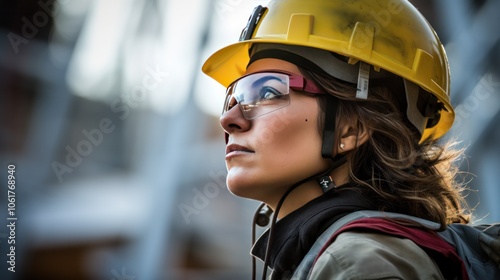 a determined female architect analyzing a construction site, her face expressing a blend of concentration and pride. She wears a hard hat and safety goggles,