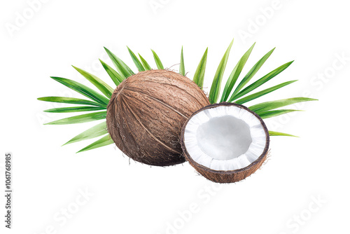 Fresh Coconut with Leaves on Transparent Background