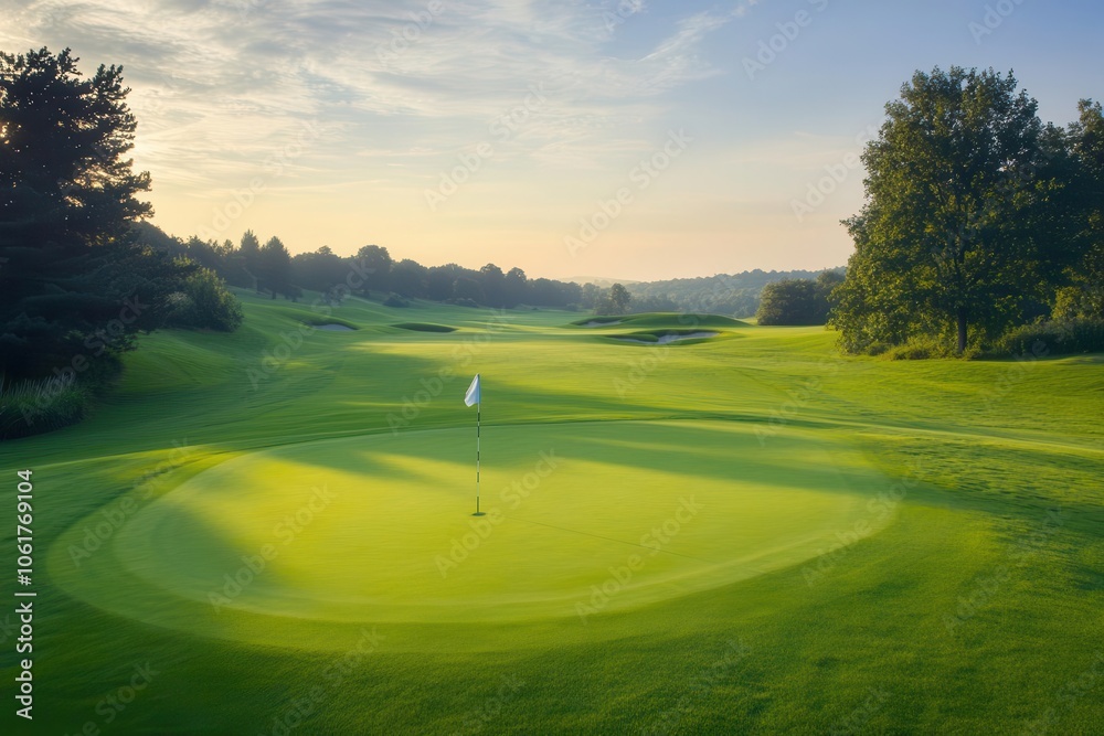 A serene golf course at dawn, featuring a well-maintained green, a hole with a flag, and lush surroundings of trees and open spaces. A serene golf course at dawn, featuring a well-maintained green, a hole with a flag, and lush surroundings of trees and open spaces.