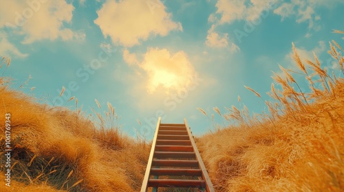 Golden ladder leading to bright sky, [success ambition], [symbol of moving upwards towards dreams and goals] 