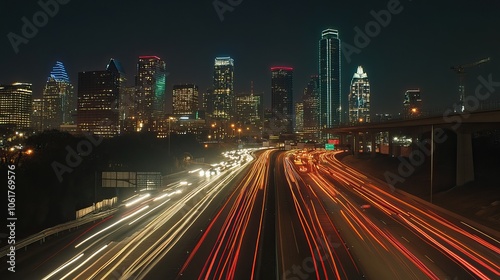 Nighttime View of a City Skyline with Traffic on Highway .