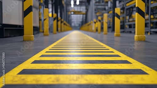 Close-up view of a warehouse floor marked with yellow safety lines, highlighting industrial environment and designed for efficient movement.