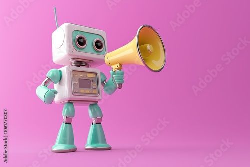 cute retro pastel-colored robot holding up a megaphone on a pink background, with copy space, neon lighting, cyber monday, black friday