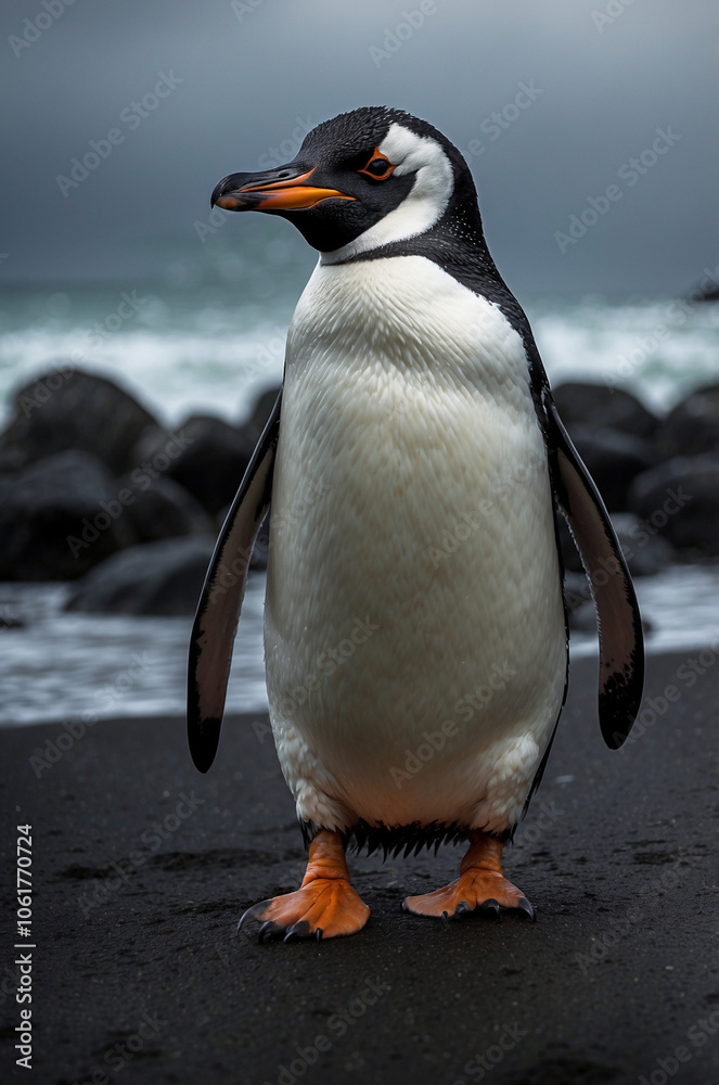 Naklejka premium the isolated cute penguin on the silent beach.