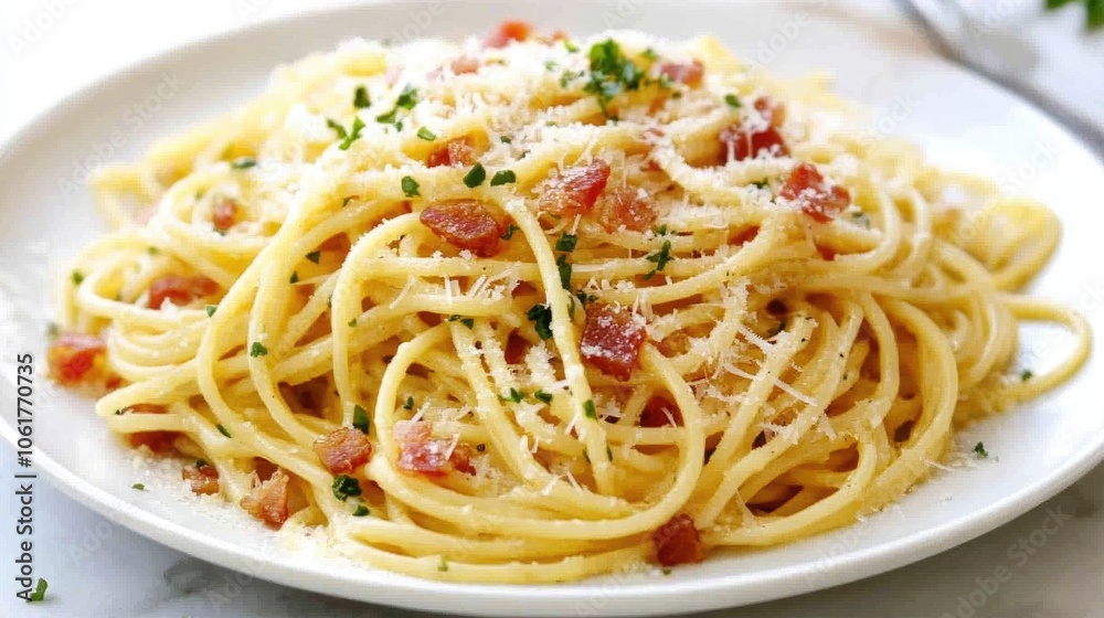 Classic Pasta Dish with Cheese and Bacon Garnish Classic Pasta Dish with Cheese and Bacon Garnish