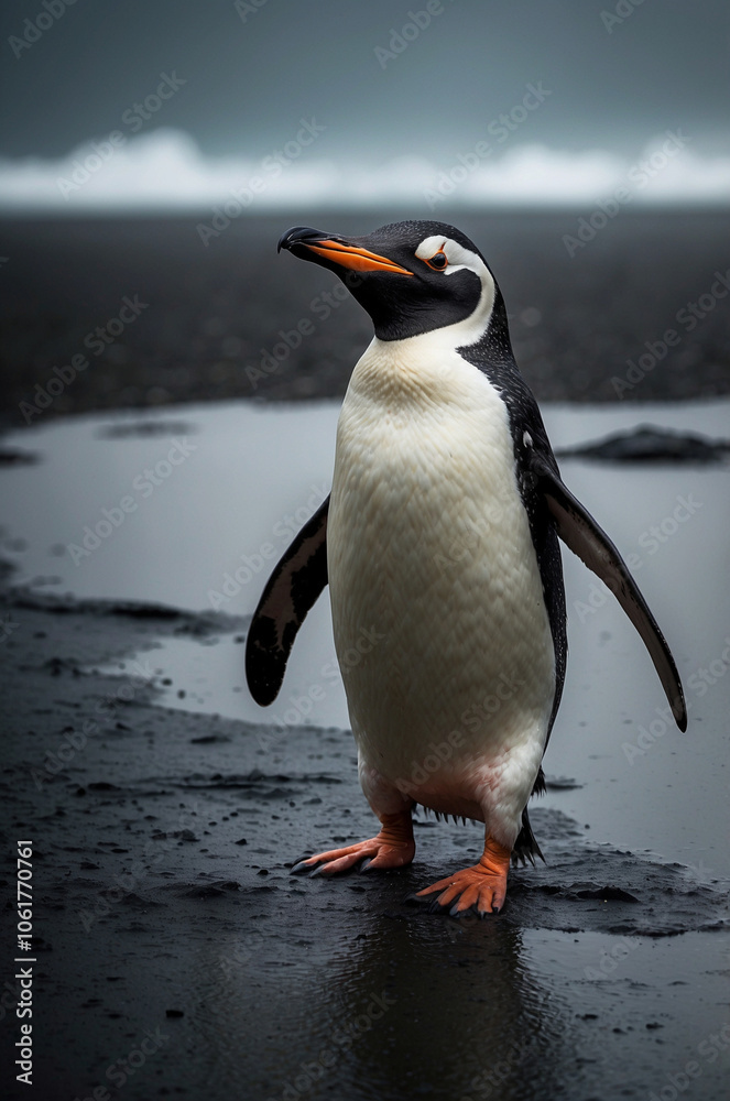 Fototapeta premium the isolated cute penguin on the silent beach.