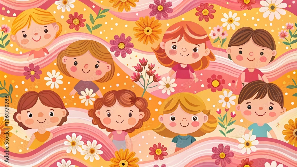 Cute Cartoon Kid Pattern with Colorful Retro Waves and Blooming Flowers on Pastel Background for Kids' Decor, Fabric, and Stationery Designs Cute Cartoon Kid Pattern with Colorful Retro Waves and Blooming Flowers on Pastel Background for Kids' Decor, Fabric, and Stationery Designs