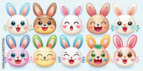 Cute Bunny Emoticon Collection - Kawaii Rabbit Stickers with Various Expressions for Easter Celebrations and Adorable Digital Avatars