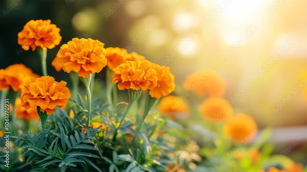 Orange marigolds blooming in sunlight background Orange marigolds blooming in sunlight background