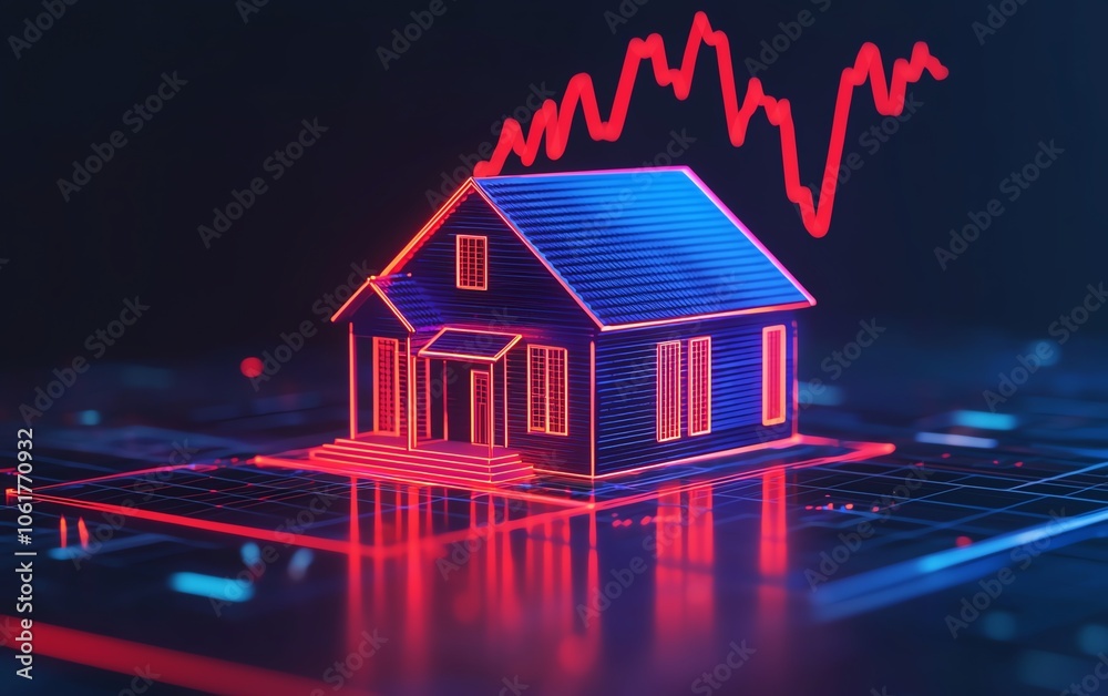 A digital house model with rising graph lines, symbolizing real estate market trends and property investment opportunities. A digital house model with rising graph lines, symbolizing real estate market trends and property investment opportunities.