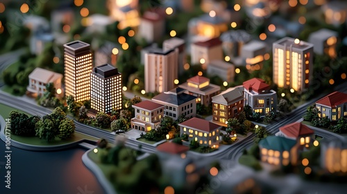 A miniature cityscape featuring illuminated buildings and greenery, showcasing urban life in a vibrant, detailed layout.
