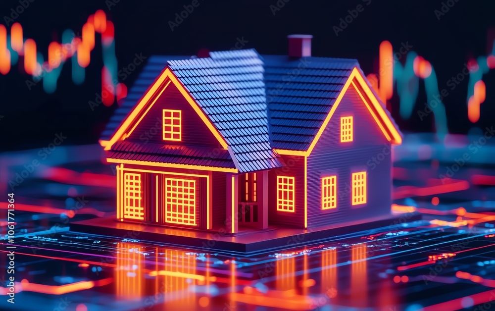 A futuristic house model illuminated with neon lights, set against a background of financial data and graphs, symbolizing real estate investment. A futuristic house model illuminated with neon lights, set against a background of financial data and graphs, symbolizing real estate investment.
