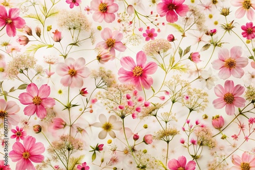 Delicate Double Exposure Floral Pattern with Pink Flowers on White Background - Seamless Spring and Summer Motif for Cute Prints and Textures