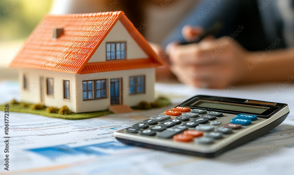 A model house and calculator on financial documents, indicating real estate planning. A model house and calculator on financial documents, indicating real estate planning.