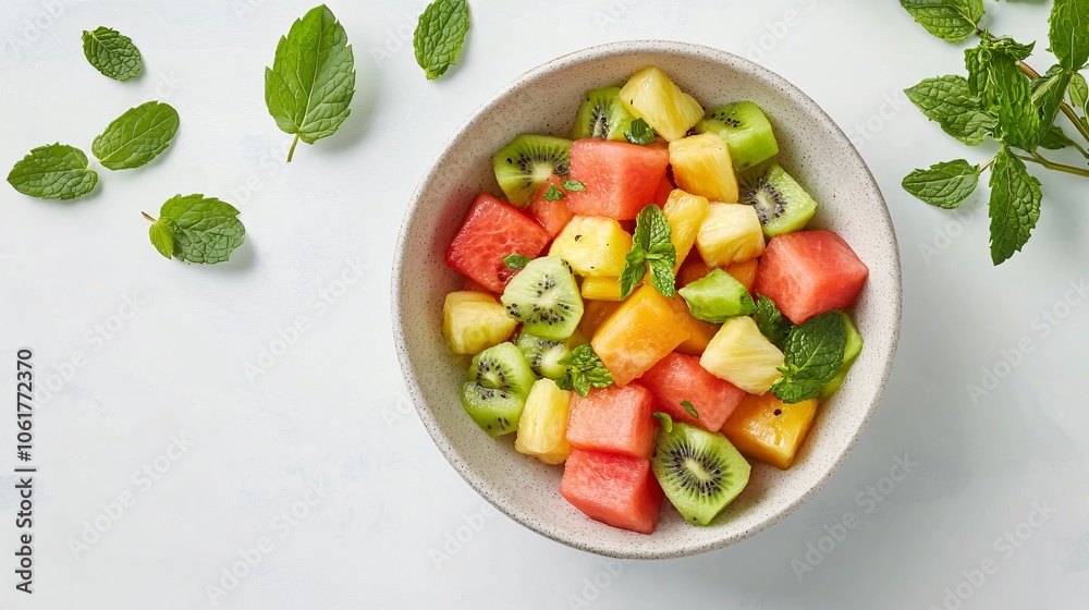 Fresh Fruit Salad with Watermelon, Pineapple and Kiwi in a Bowl Fresh Fruit Salad with Watermelon, Pineapple and Kiwi in a Bowl