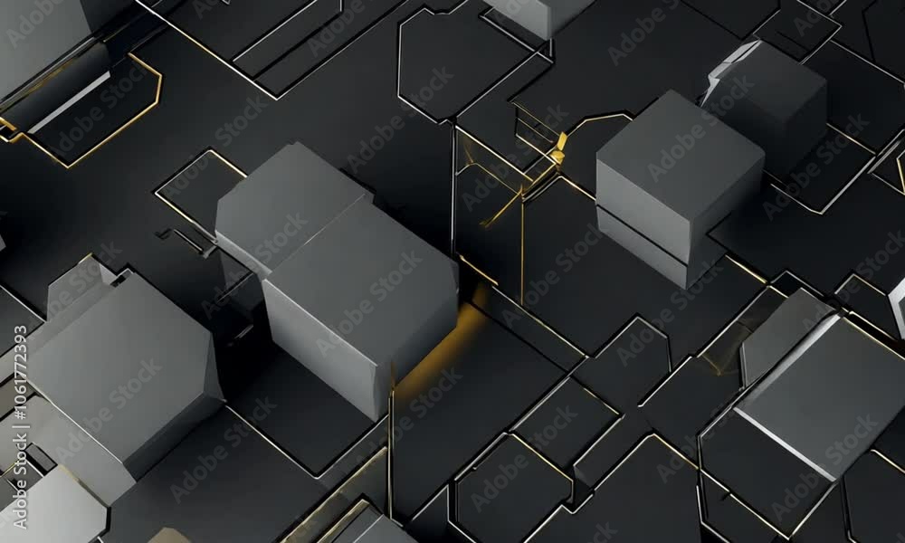 Futuristic dark geometric abstract background with metallic accents and 3D block patterns