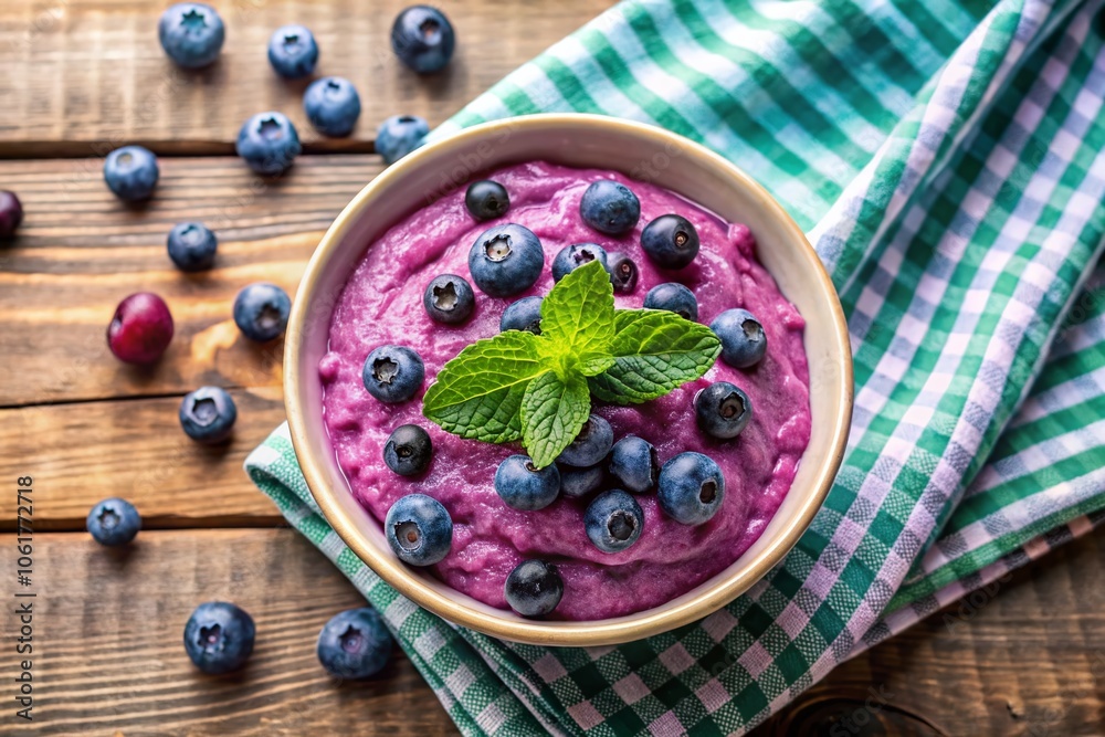 Delightful Purple Porridge with Blueberries and Creamy Mint Garnish for Kids' Breakfast Delightful Purple Porridge with Blueberries and Creamy Mint Garnish for Kids' Breakfast