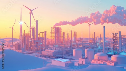 Decarbonization, wind and solar power in industrial zones, 3D illustration 