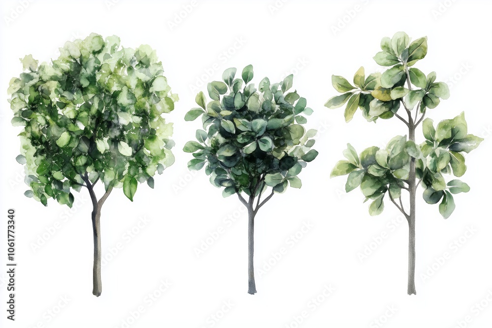 Fototapeta premium Set of watercolor green tree isolated on white background for landscape and architecture drawing, elements for environment and garden, botanical for section in spring