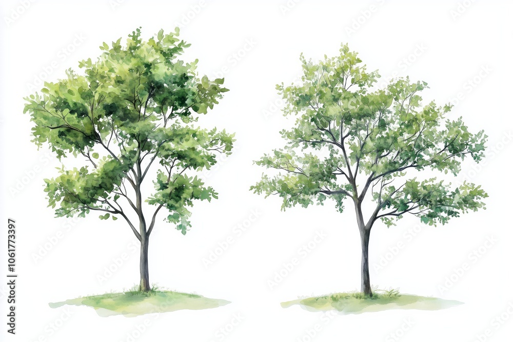 Set of watercolor green tree isolated on white background for landscape and architecture drawing, elements for environment and garden, botanical for section in spring Set of watercolor green tree isolated on white background for landscape and architecture drawing, elements for environment and garden, botanical for section in spring