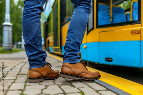 Man's feet standing on a yellow line, about to board a bus.