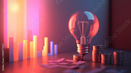 Coin and Light bulb shining over a graph, idea and business growth, 3D illustration 