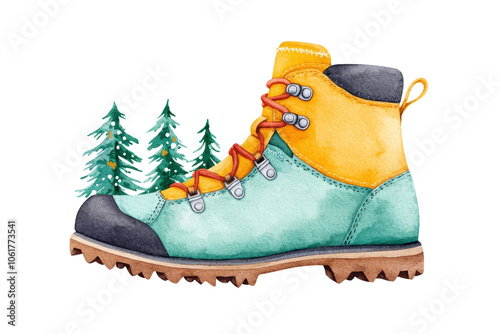 Colorful Hiking Boot with Pine Trees Background