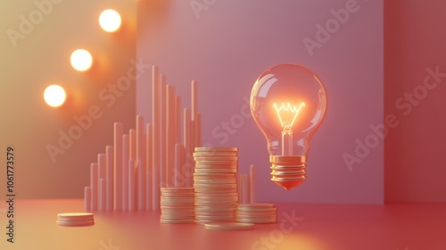 Coin and Light bulb shining over a graph, idea and business growth, 3D illustration 