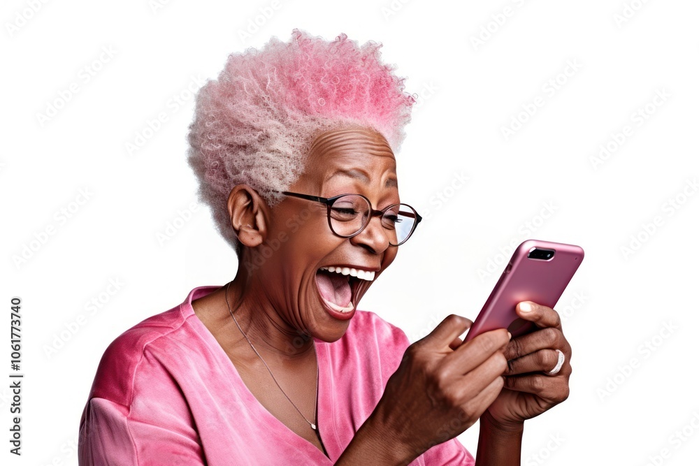 Fototapeta premium Senior African American woman smiles telephone laughing adult.