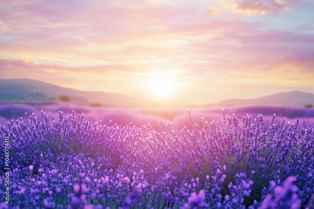 Obraz premium Watercolor lavender field. Sunset lavender field. Violet background. France Provence. Spring summer postcard banner. Fragrant flowers. Aroma 