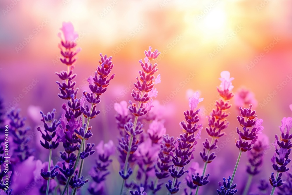 Obraz premium Watercolor lavender field. Sunset lavender field. Violet background. France Provence. Spring summer postcard banner. Fragrant flowers. Aroma 