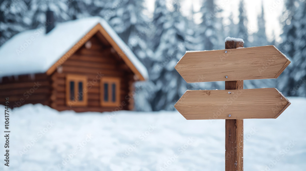 Naklejka premium Cozy log cabin in a snowy landscape with wooden signposts, capturing the essence of winter tranquility in a serene environment.