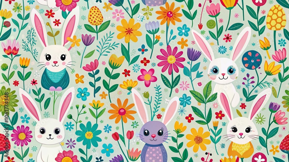 Easter Spring Bunny Seamless Pattern for Textile Design - Floral Field with Rabbits, Happy Easter Ornament, Christian Spring Holidays, Cute Bunny Graphics, Springtime Decor Easter Spring Bunny Seamless Pattern for Textile Design - Floral Field with Rabbits, Happy Easter Ornament, Christian Spring Holidays, Cute Bunny Graphics, Springtime Decor