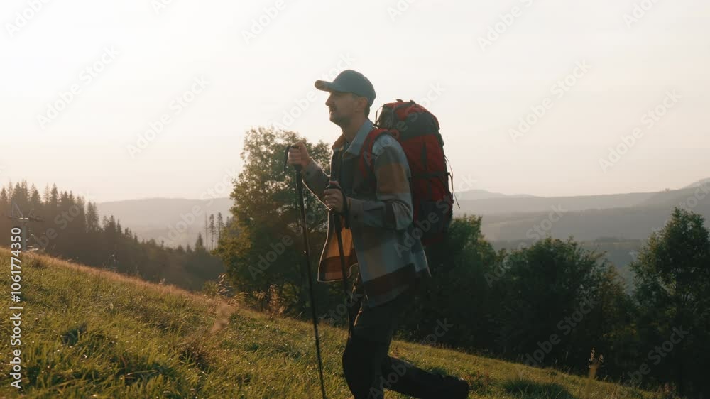 Side view following man with red backpack and trekking poles walking on green grass meadow hill overlooking epic mountains and village in valley. Male backpacker explorer hiking, sunny summer morning Side view following man with red backpack and trekking poles walking on green grass meadow hill overlooking epic mountains and village in valley. Male backpacker explorer hiking, sunny summer morning