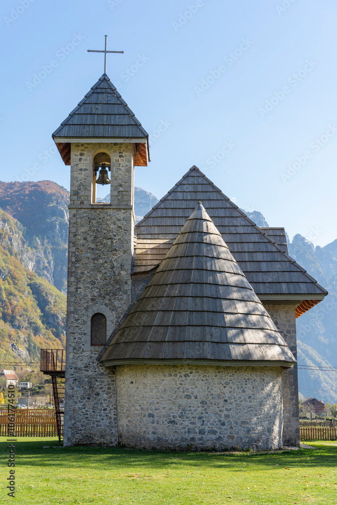 Fototapeta premium Albania Alps. Theth village, catholic Church, 
