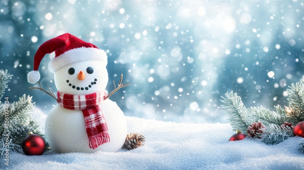 Snowman in winter landscape holiday decorations background Snowman in winter landscape holiday decorations background
