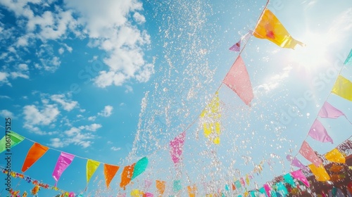 Songkran water festival sunny blue sky background