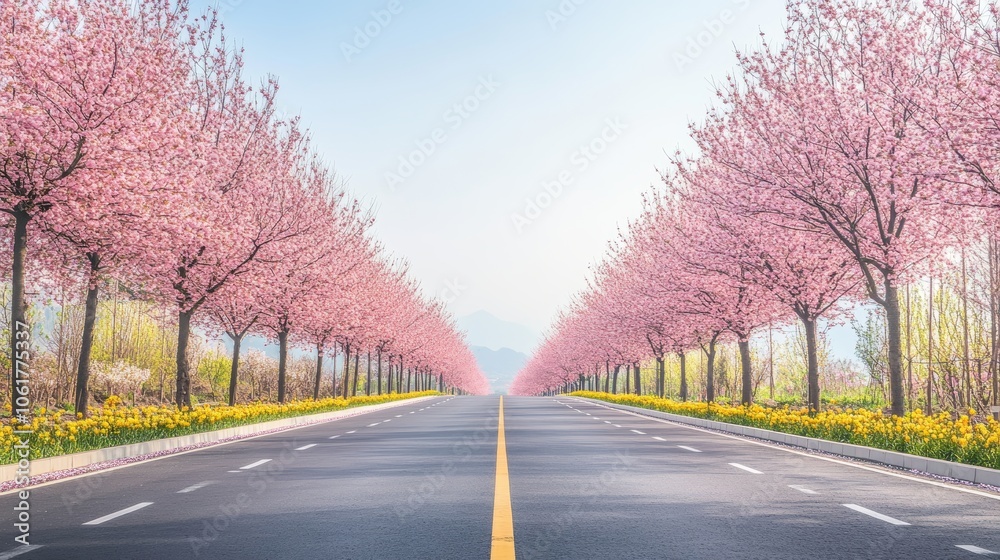 Fototapeta premium Street lined with flowering trees in springtime background
