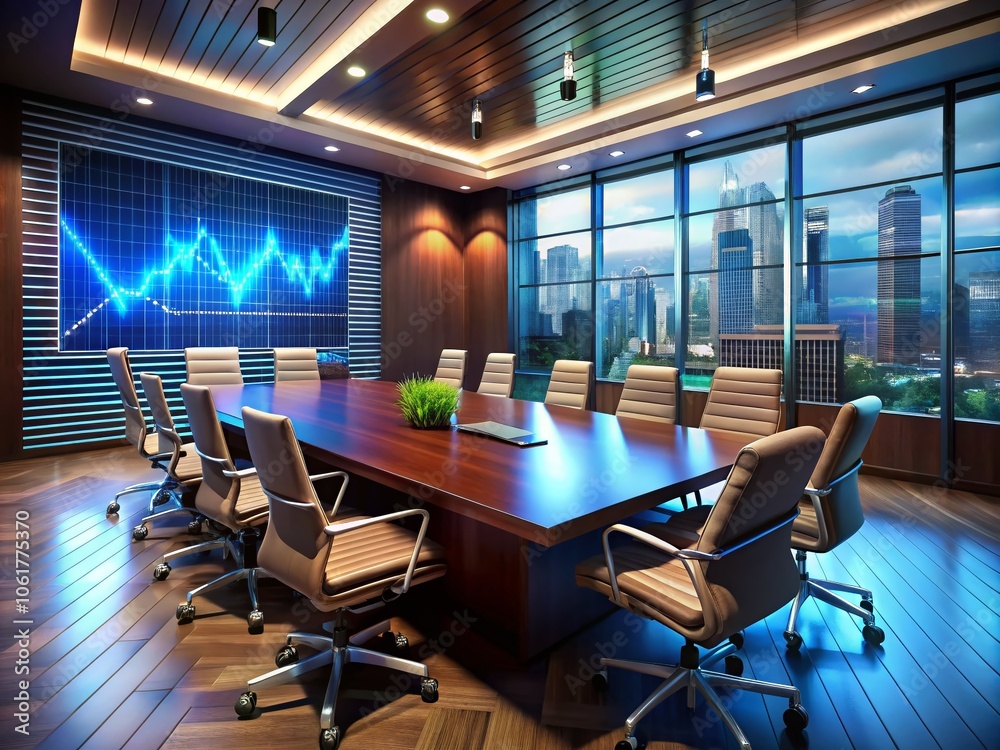 Elegant Corporate Boardroom with Financial Data Screen for Professional Meetings Elegant Corporate Boardroom with Financial Data Screen for Professional Meetings