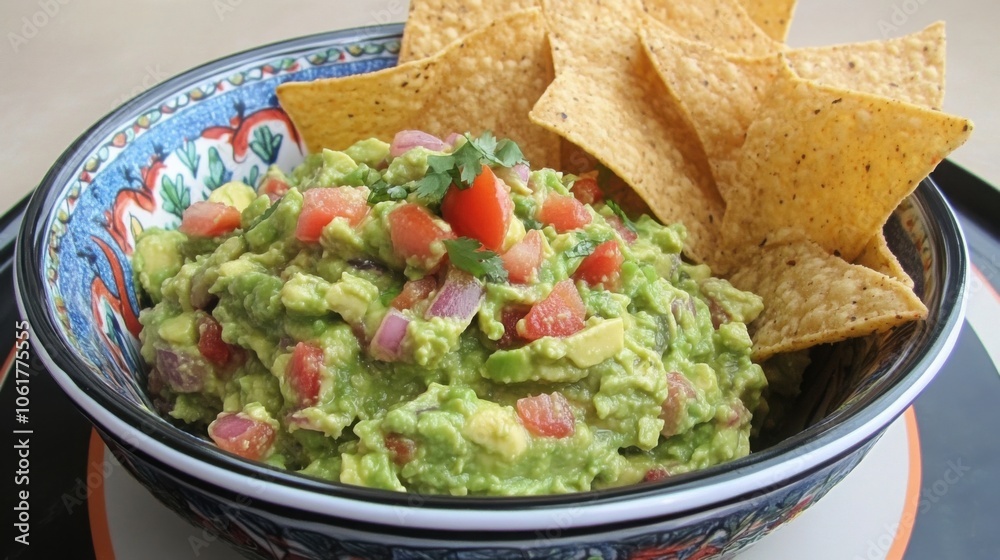 Bowl of fresh guacamole with tortilla chips, classic Mexican appetizer Bowl of fresh guacamole with tortilla chips, classic Mexican appetizer