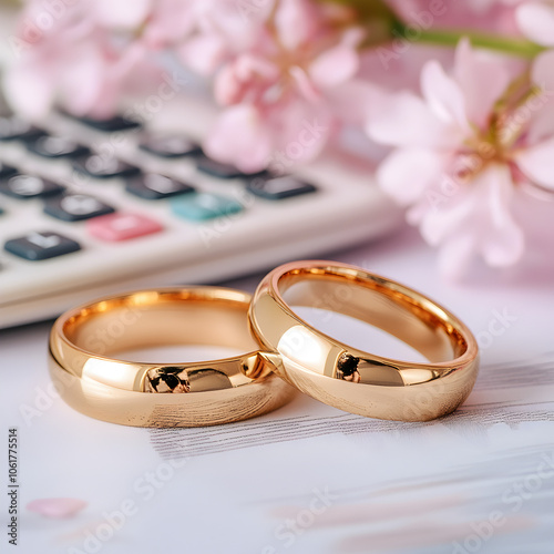 Two Wedding bands with a calculator and pink flowers in the background. A wedding budget concept. 