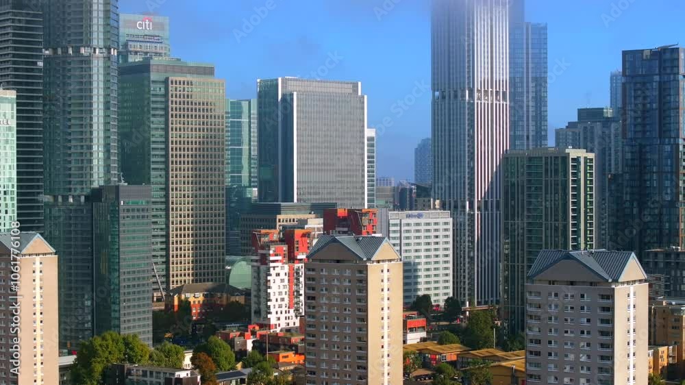 Aerial video of tall high-rises of Canary Wharf skyline in east London. Aerial video of tall high-rises of Canary Wharf skyline in east London.