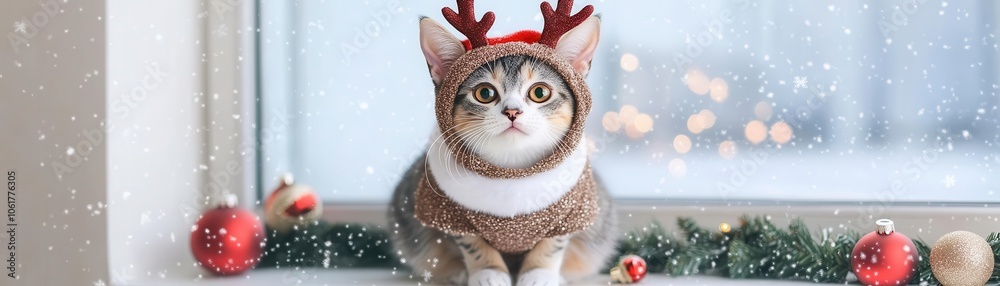 custom made wallpaper toronto digitalA cute cat dressed in festive reindeer attire sits by a window, surrounded by Christmas decorations and softly falling snow.