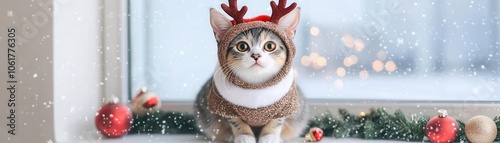 Wallpaper Mural A cute cat dressed in festive reindeer attire sits by a window, surrounded by Christmas decorations and softly falling snow. Torontodigital.ca