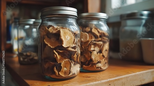 Dried mushrooms stored in jars for preservation. Dry mushrooms in clear glass jar on kitchen